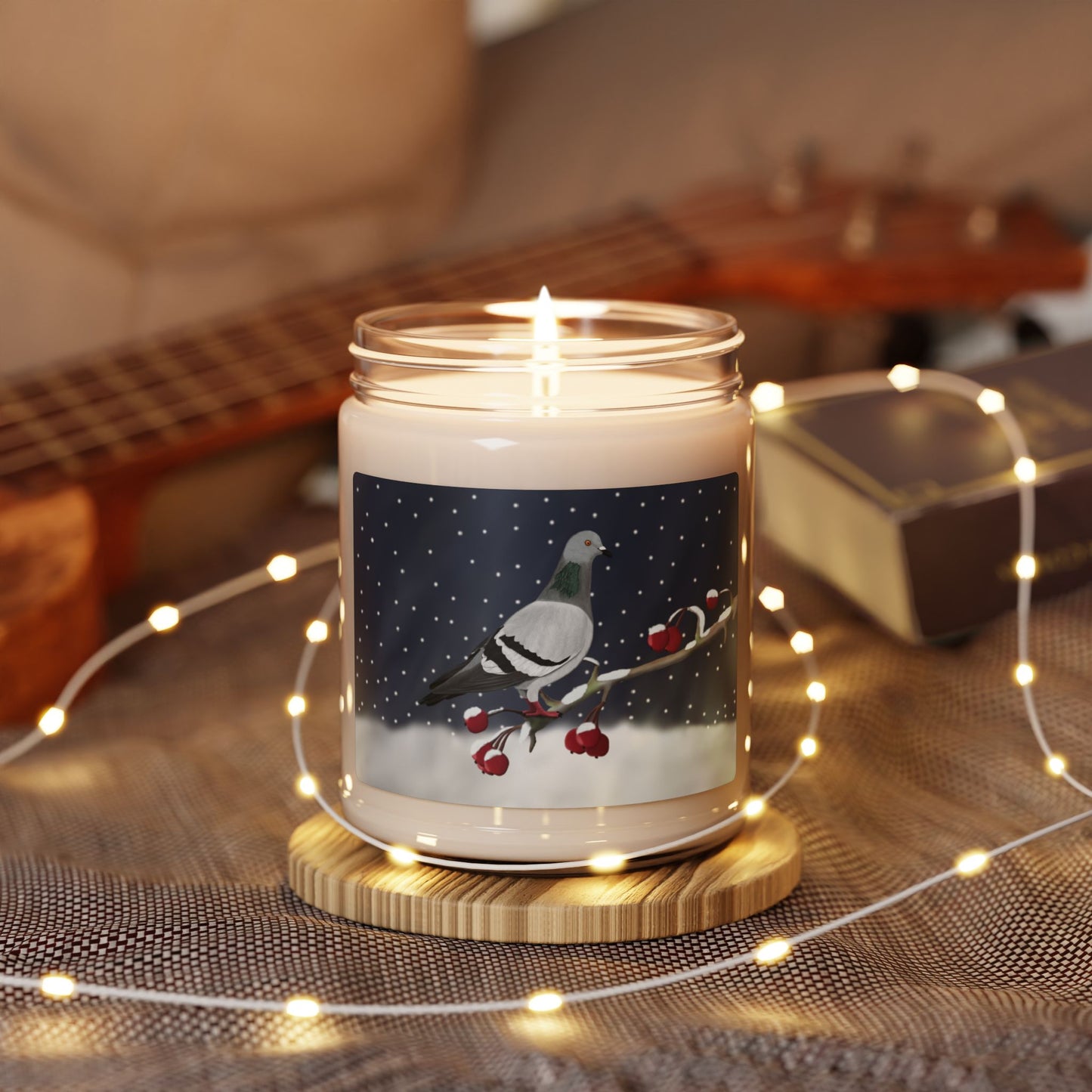 Pigeon on a Winter Branch Christmas Bird Art Scented Soy Candle, 9oz