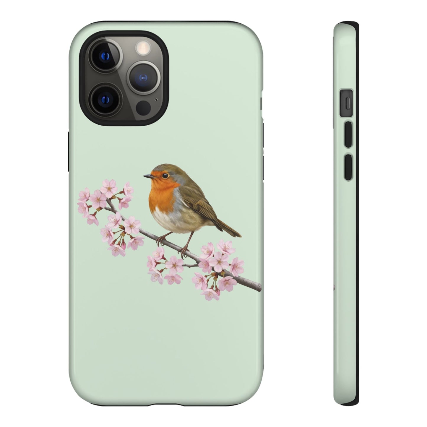 Rotkehlchen Handyhülle in Salbeigrün | Florales Kirschblüten Vogel-Motiv für iPhone & Google Pixel