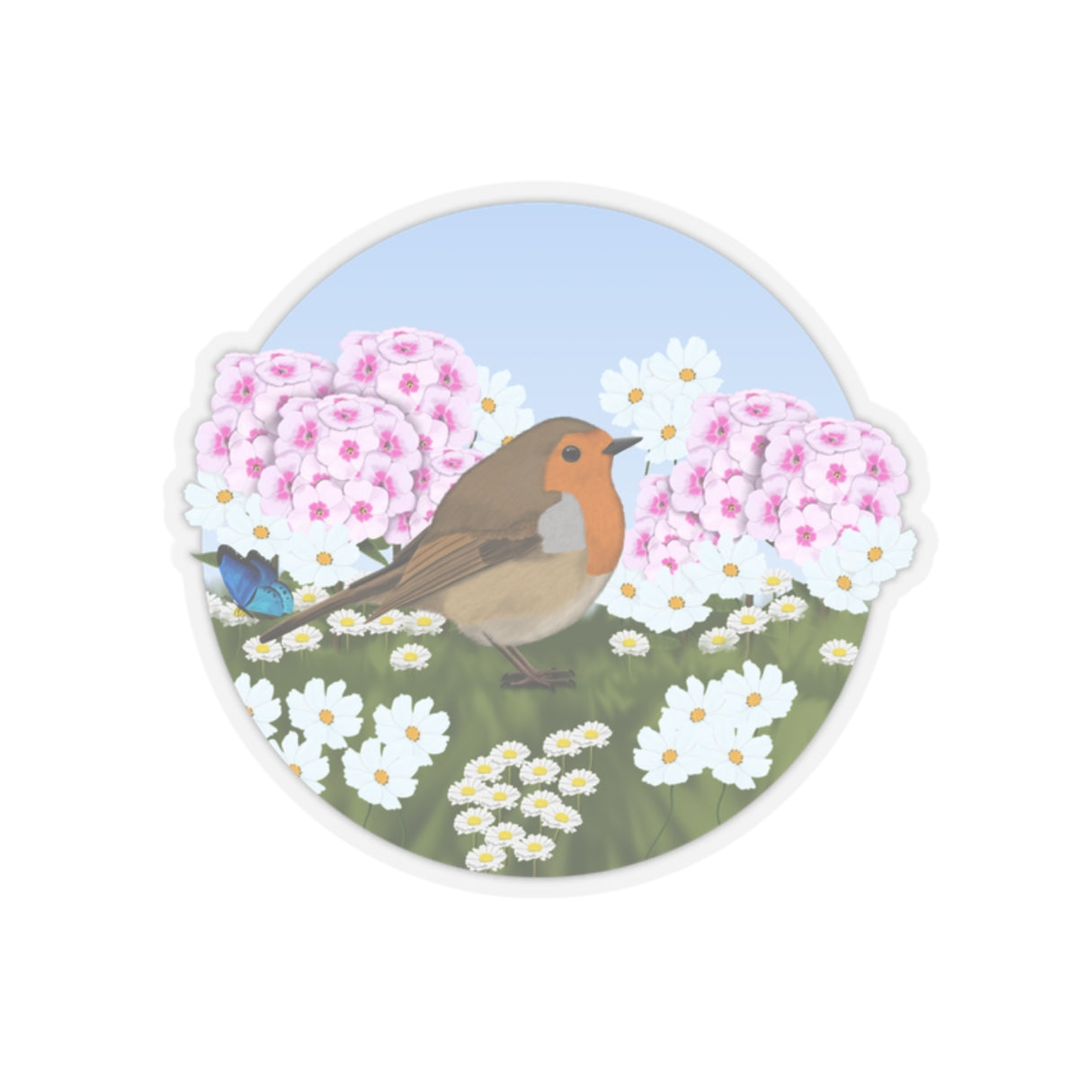 Robin Summer Flowers Bird Kiss-Cut Sticker