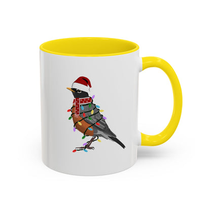 American Robin as Santa with Fairy Lights Ceramic Bird Coffee Mug – Custom Gift for Bird Watchers