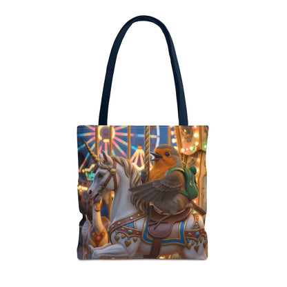 A tote bag with dark navy blue handles, featuring a printed graphic of a robin bird riding a carousel unicorn against a white background.