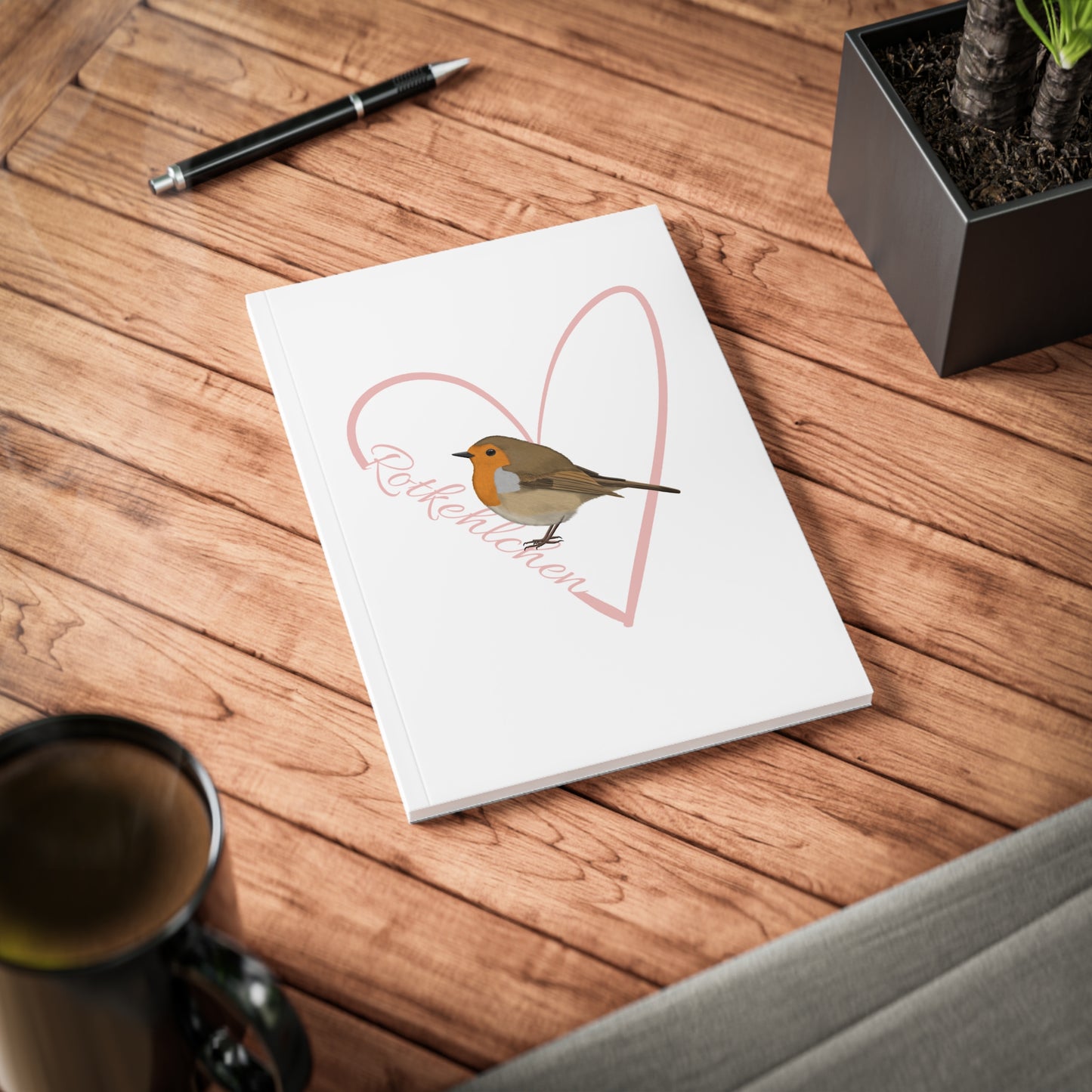 Rotkehlchen Notizbuch Vogel mit Herz A5 Softcover 150 Seiten Liniert Weiß