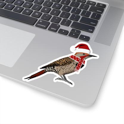 Northern Flicker with Santa Claus Hat and Scarf Christmas Bird Sticker