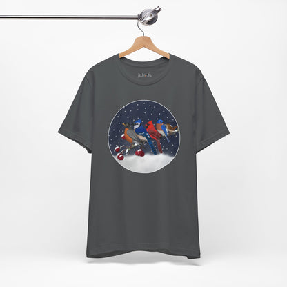 Blue Jay Robin Cardinal Bluebird Wren on a Winter Branch Birdwatcher Christmas Bird T-Shirt