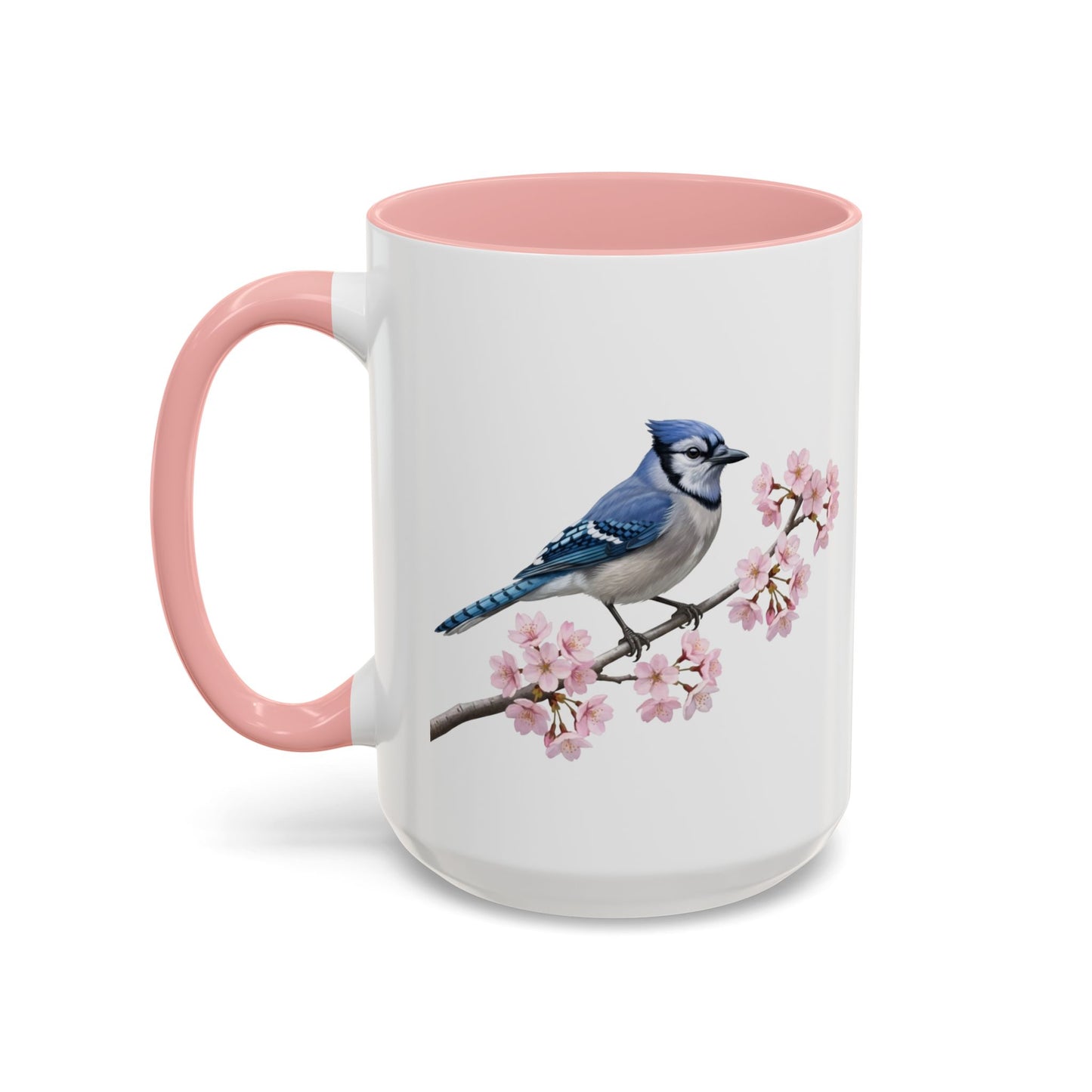 Blue Jay Cherry Blossom Mug | Pink Ceramic Coffee Cup for Bird Lovers