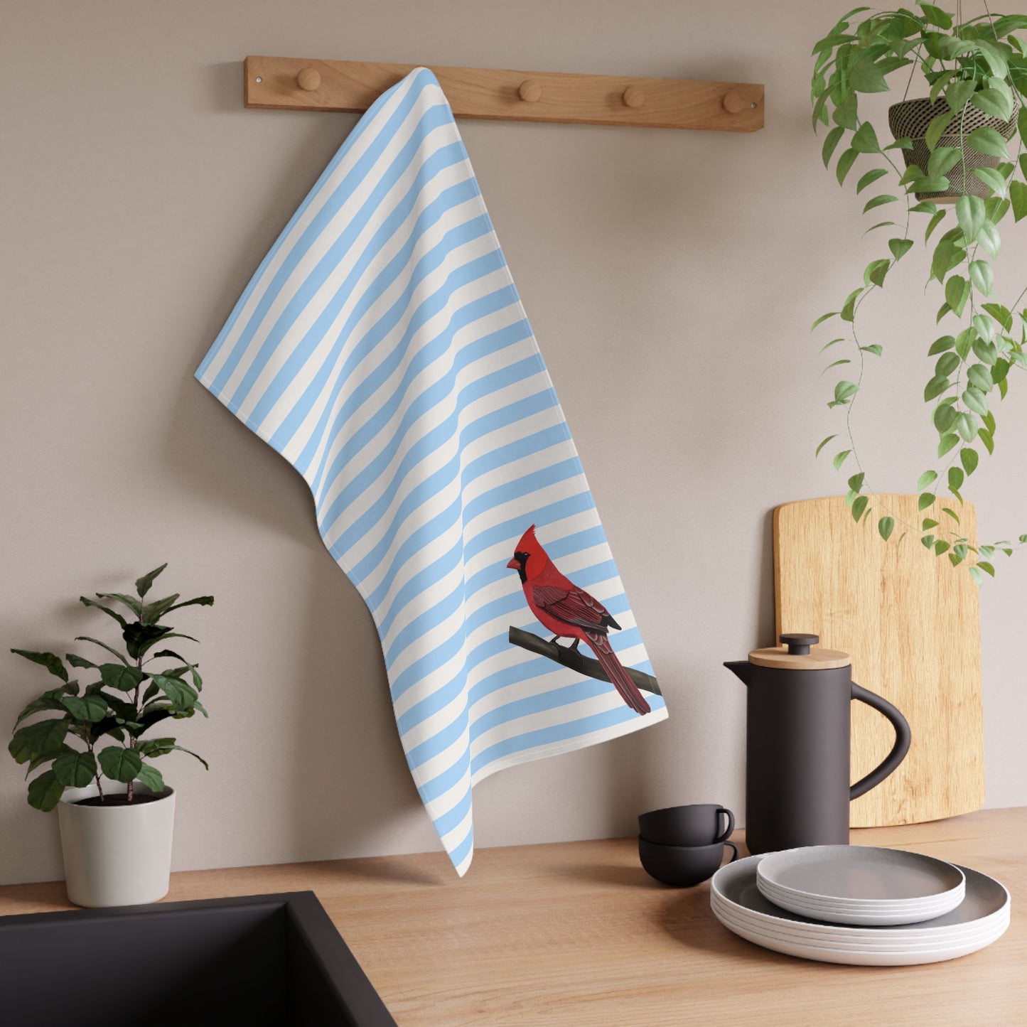 Cardinal Bird Art Kitchen Towel Blue White 18" × 30"