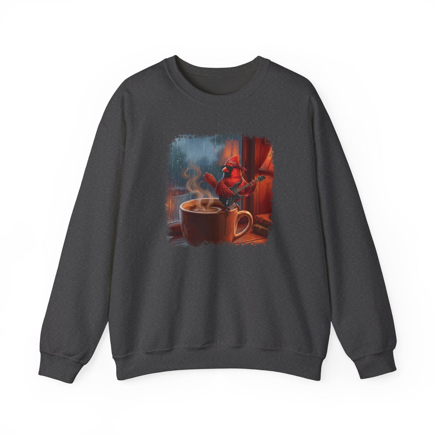 Cozy Rainy Day Coffee Sweatshirt – Vintage Cardinal with Guitar Graphic