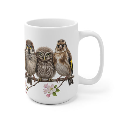 Amsel Rotkehlchen Eule Ästlinge Premium Keramiktasse Weiß | Geschenk für Vogelbeobachter