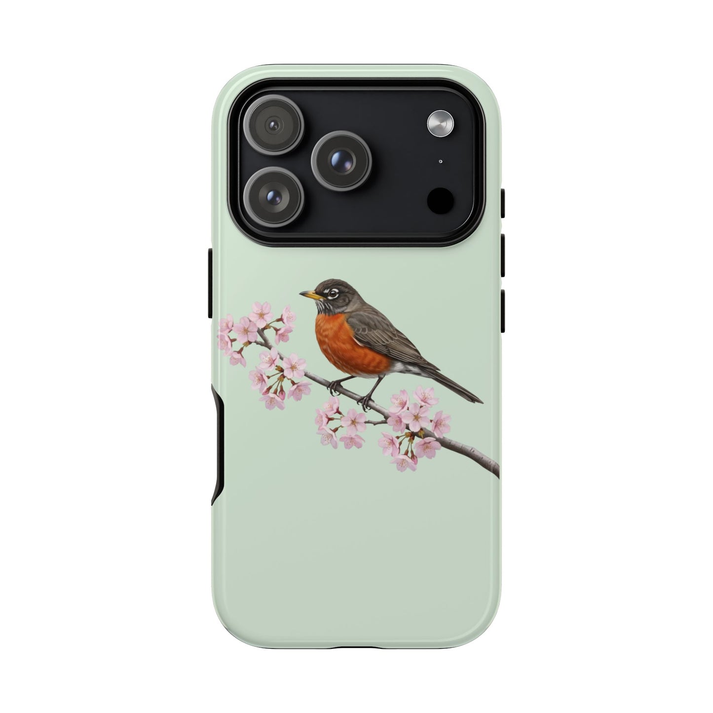 Wanderdrossel Handyhülle in Salbeigrün | Florales Kirschblüten Vogel-Motiv für iPhone & Google Pixel