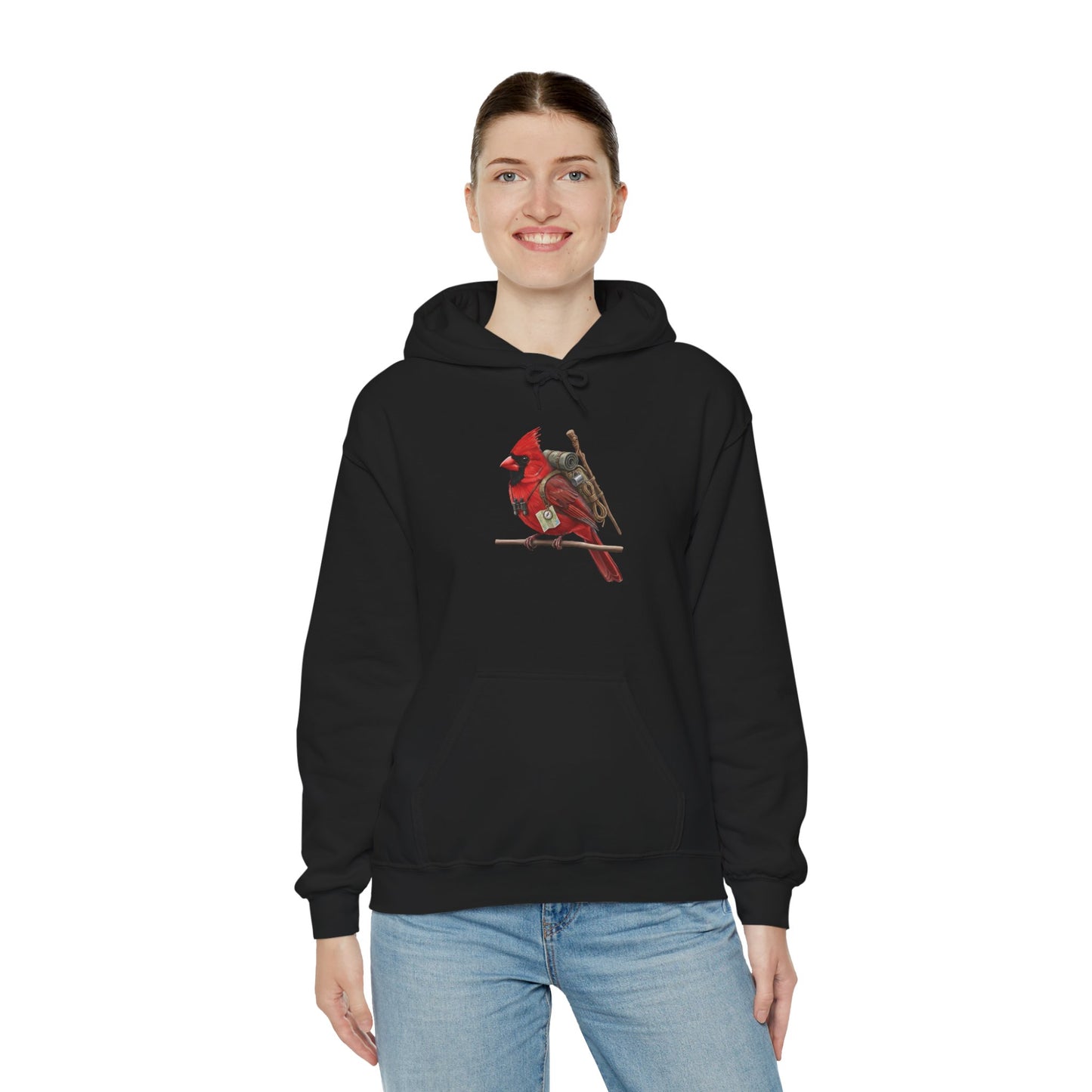 The Hiker Cardinal Hoodie - Adventure Bird with Backpack & Map | Outdoor & Birder Gift