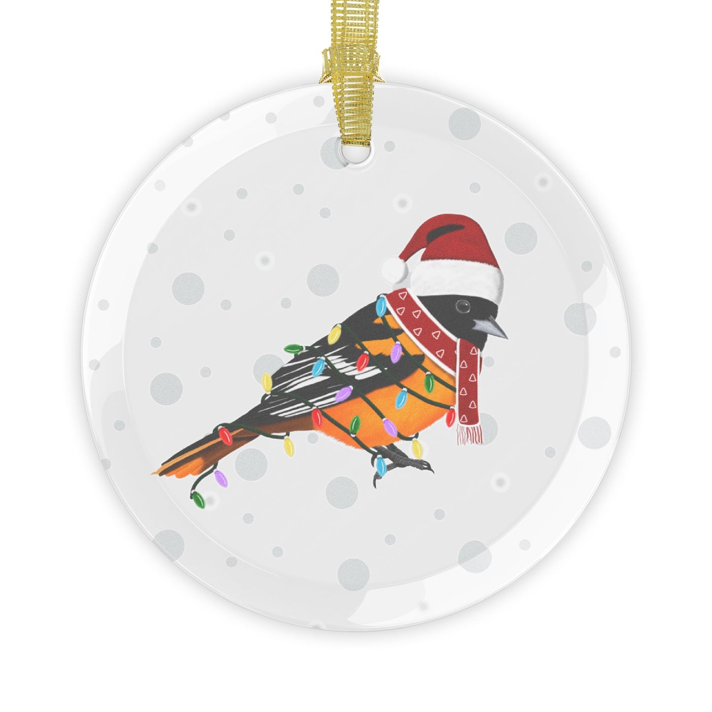 Baltimore Oriole as Santa Claus with Fairy Lights Christmas Glass Ornament