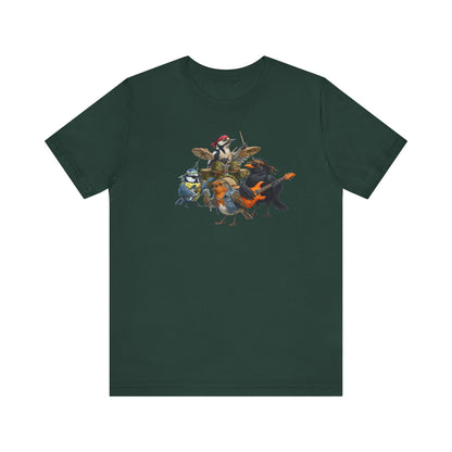 The Backyard Birds Rockband T-Shirt – Lustiges Vogel Shirt mit Rückendruck – Amsel, Rotkehlchen, Meise, Specht – Geschenk für Musiker & Vogelfreunde