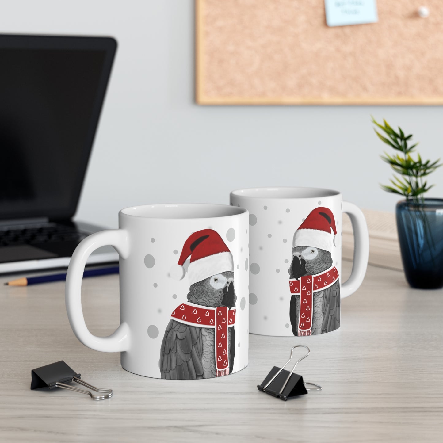 Grey Parrot with Red Santa Hat and Scarf Christmas Bird Ceramic Mug 11oz