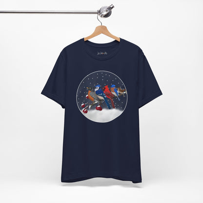 Blue Jay Robin Cardinal Bluebird Wren on a Winter Branch Birdwatcher Christmas Bird T-Shirt