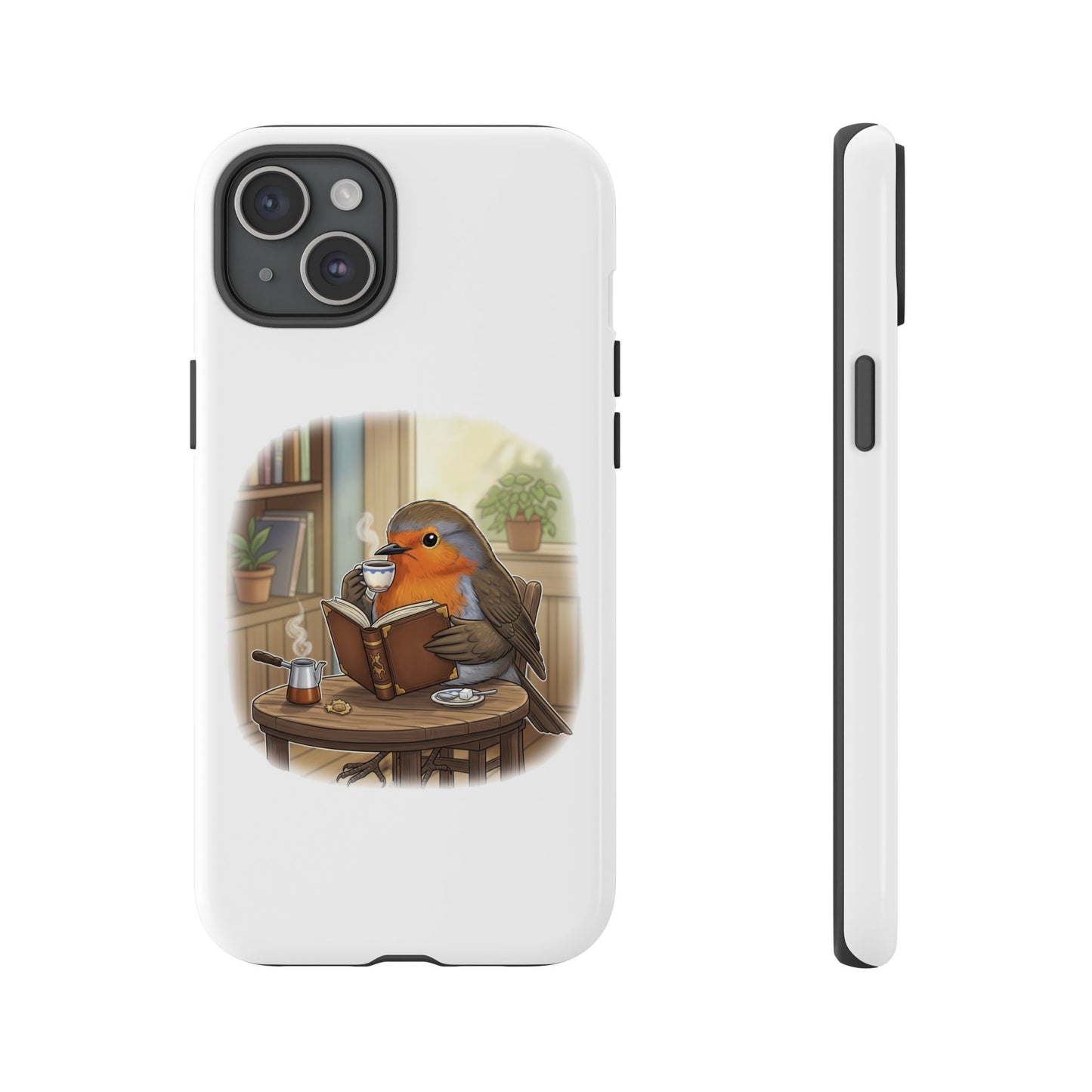 Rotkehlchen liest und trinkt Kaffee Premium Handyhülle – Doppelt Geschützt & Rundum Bedruckt Weiß