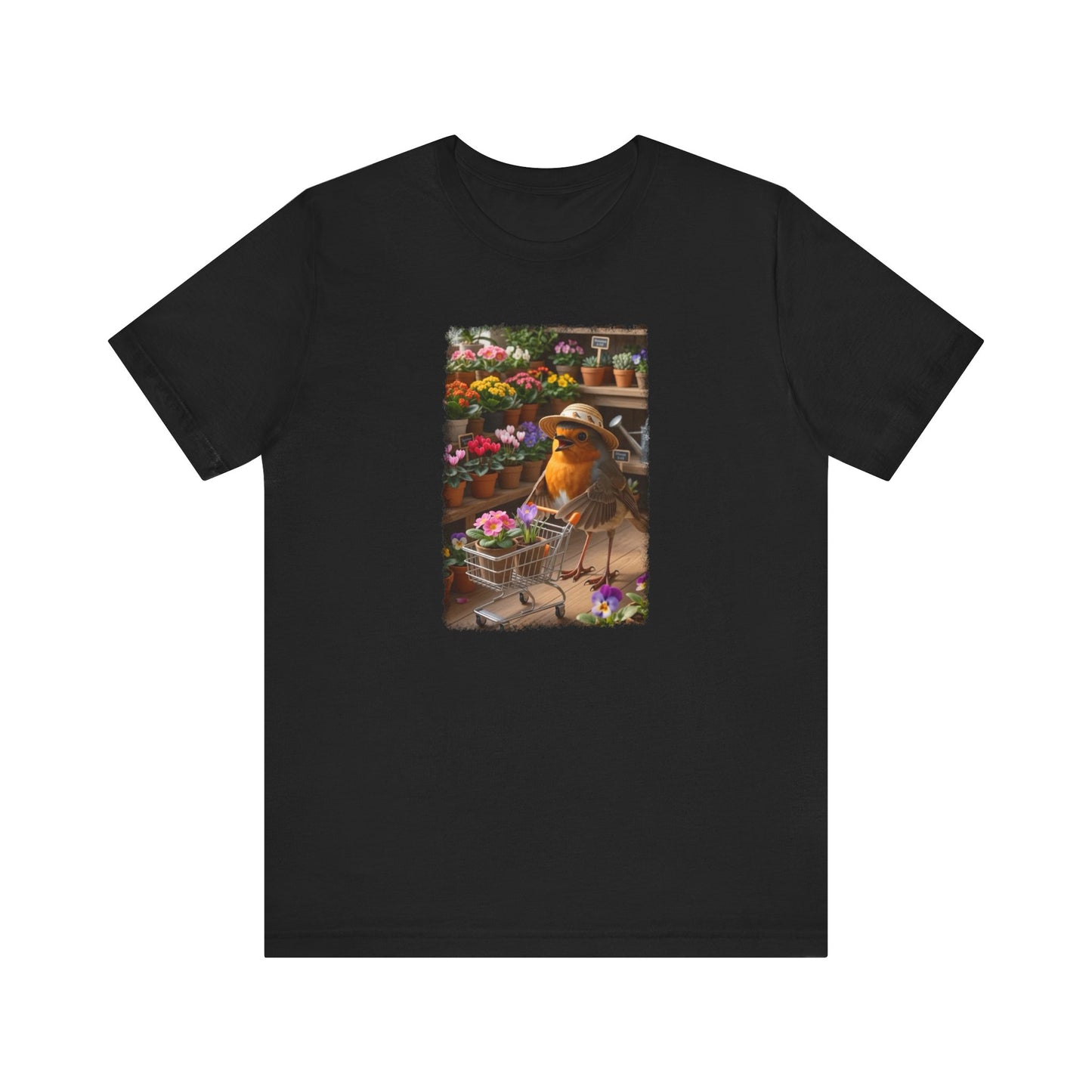 Lustiges Rotkehlchen T-Shirt mit vollem Blumen-Einkaufswagen | Niedliches Pflanzen-Motiv