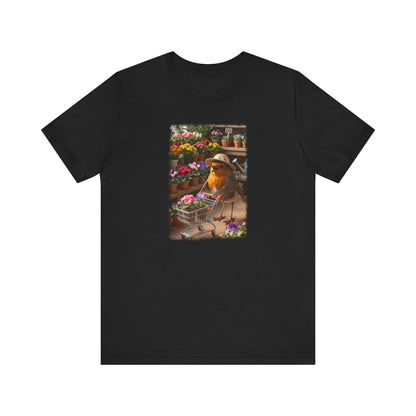 Lustiges Rotkehlchen T-Shirt mit vollem Blumen-Einkaufswagen | Niedliches Pflanzen-Motiv