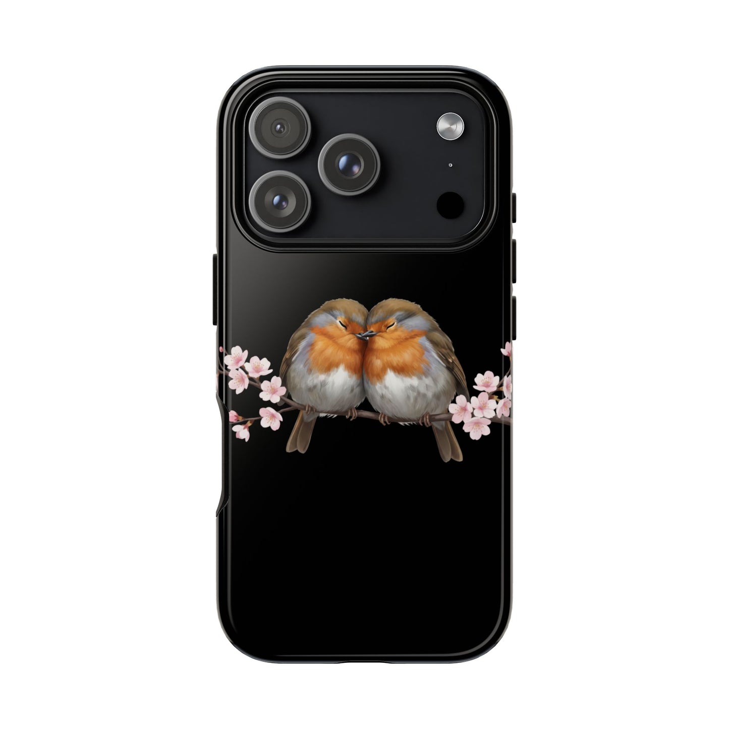 Rotkehlchen mit Kirschblüten Premium Handyhülle – Doppelt Geschützt & Rundum Bedruckt Schwarz