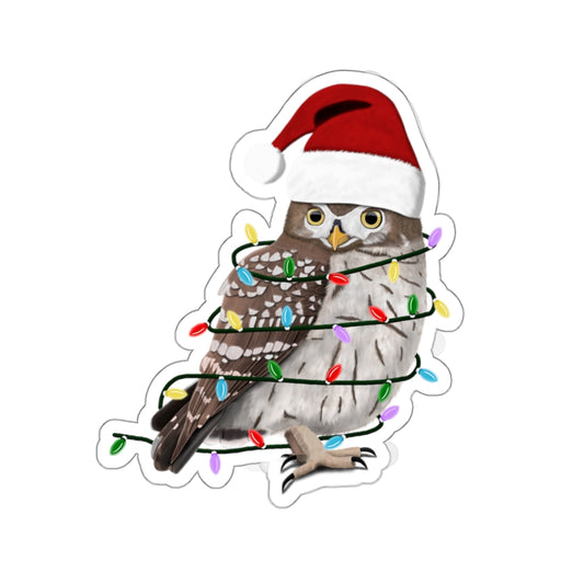 Owl with Fairy Lights Santa Claus Hat and Scarf Christmas Bird Sticker