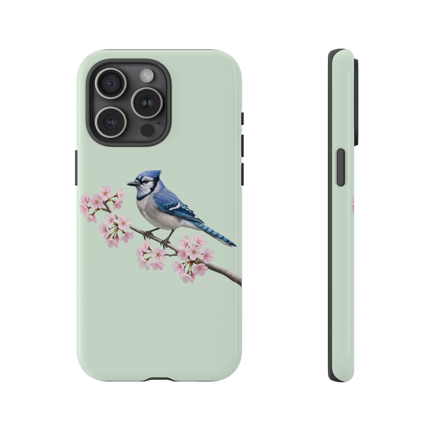 Blauhäher Handyhülle in Salbeigrün | Florales Kirschblüten Vogel-Motiv für iPhone & Google Pixel