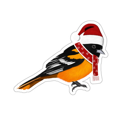 Baltimore Oriole with Santa Claus Hat and Scarf Christmas Bird Sticker