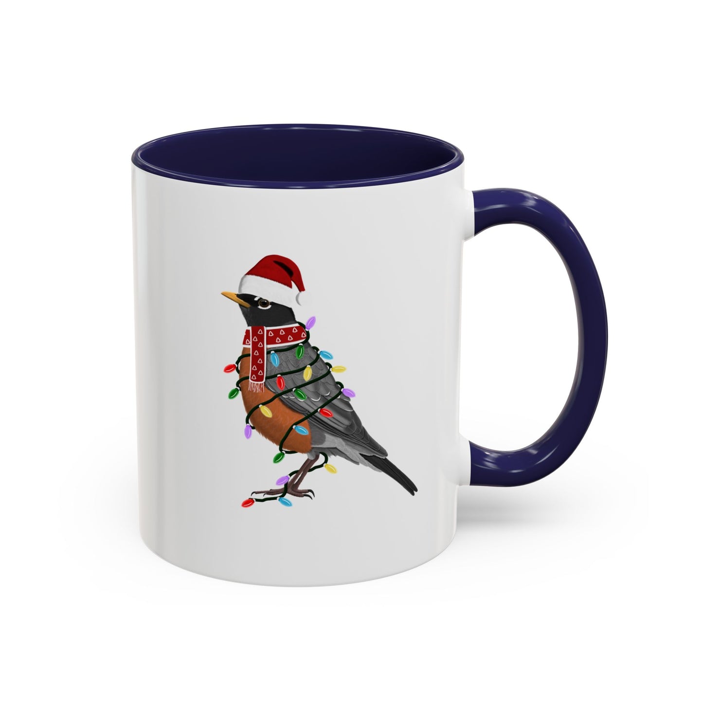 American Robin as Santa with Fairy Lights Ceramic Bird Coffee Mug – Custom Gift for Bird Watchers