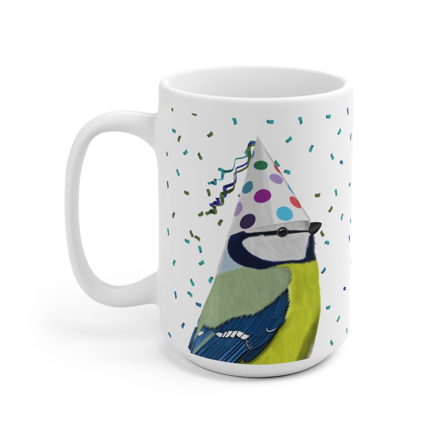 Blaumeise feiert Geburtstag mit Partyhut und Konfetti Vogel Tasse