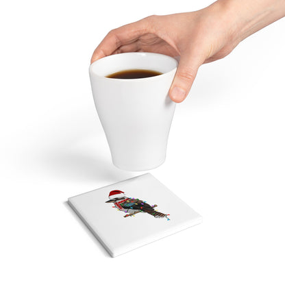 Keramik-Untersetzer Kookaburra als Weihnachtsmann mit Lichterkette Weihnachtliches Vogel-Motiv