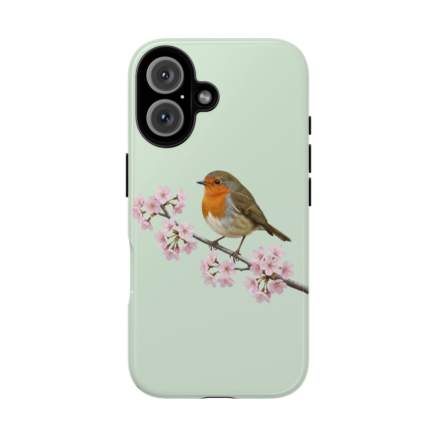 Rotkehlchen Handyhülle in Salbeigrün | Florales Kirschblüten Vogel-Motiv für iPhone & Google Pixel
