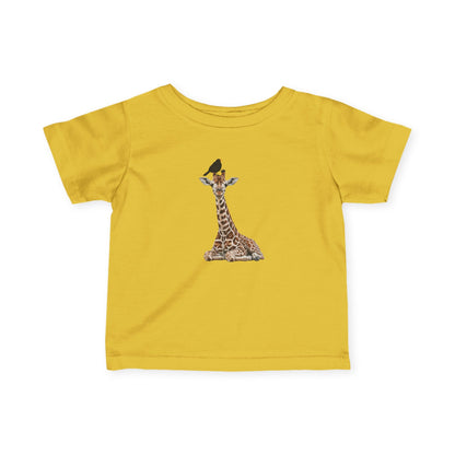 Süße Baby Giraffe mit Amsel Vogel Tiermotiv T-Shirt für Babys und Kleinkinder