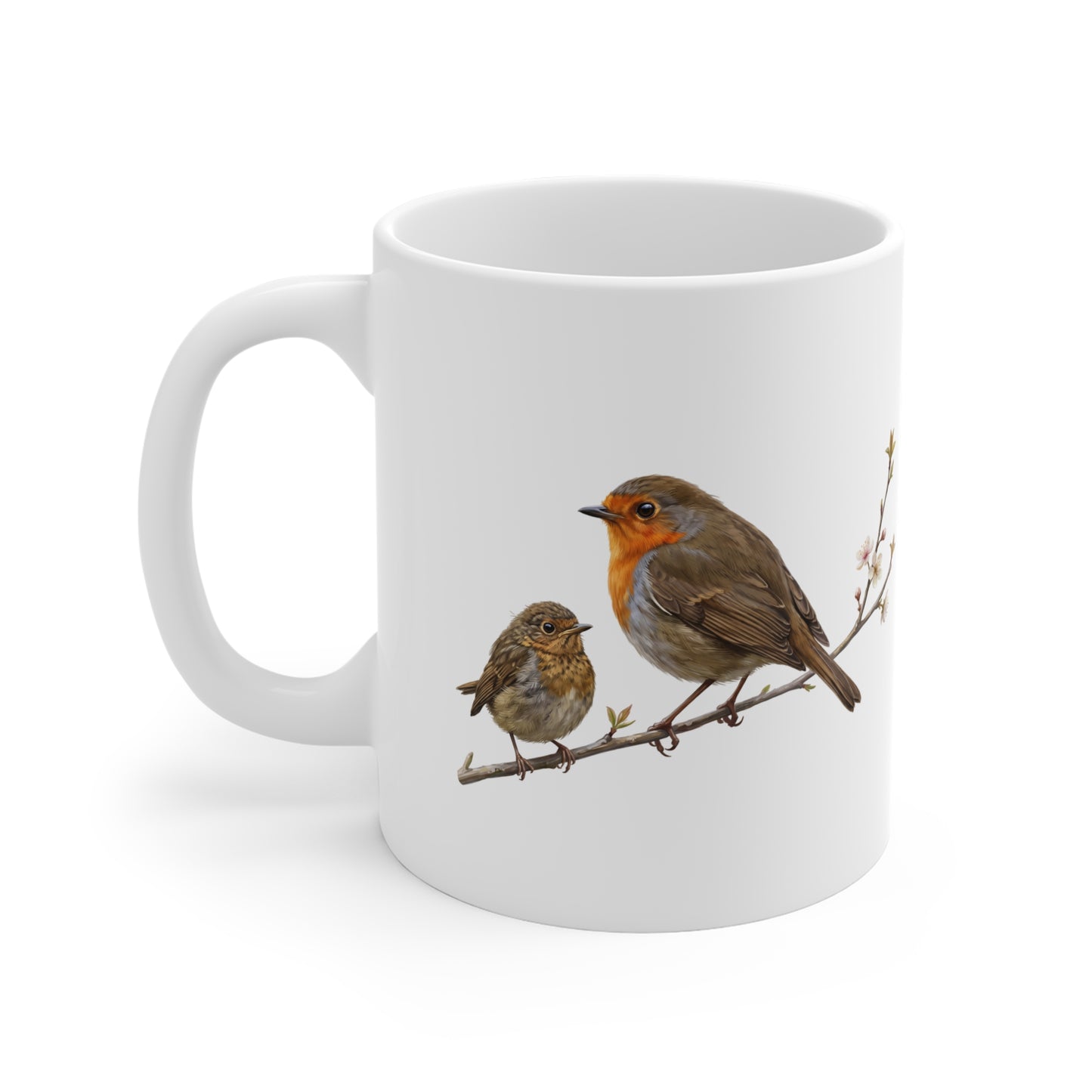 Rotkehlchen mit Ästling Premium Keramiktasse | Geschenk für Vogelbeobachter