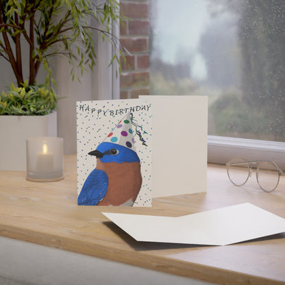 Eastern Bluebird with Party Hat Birthday Card – Premium Matte Bird Greeting Card