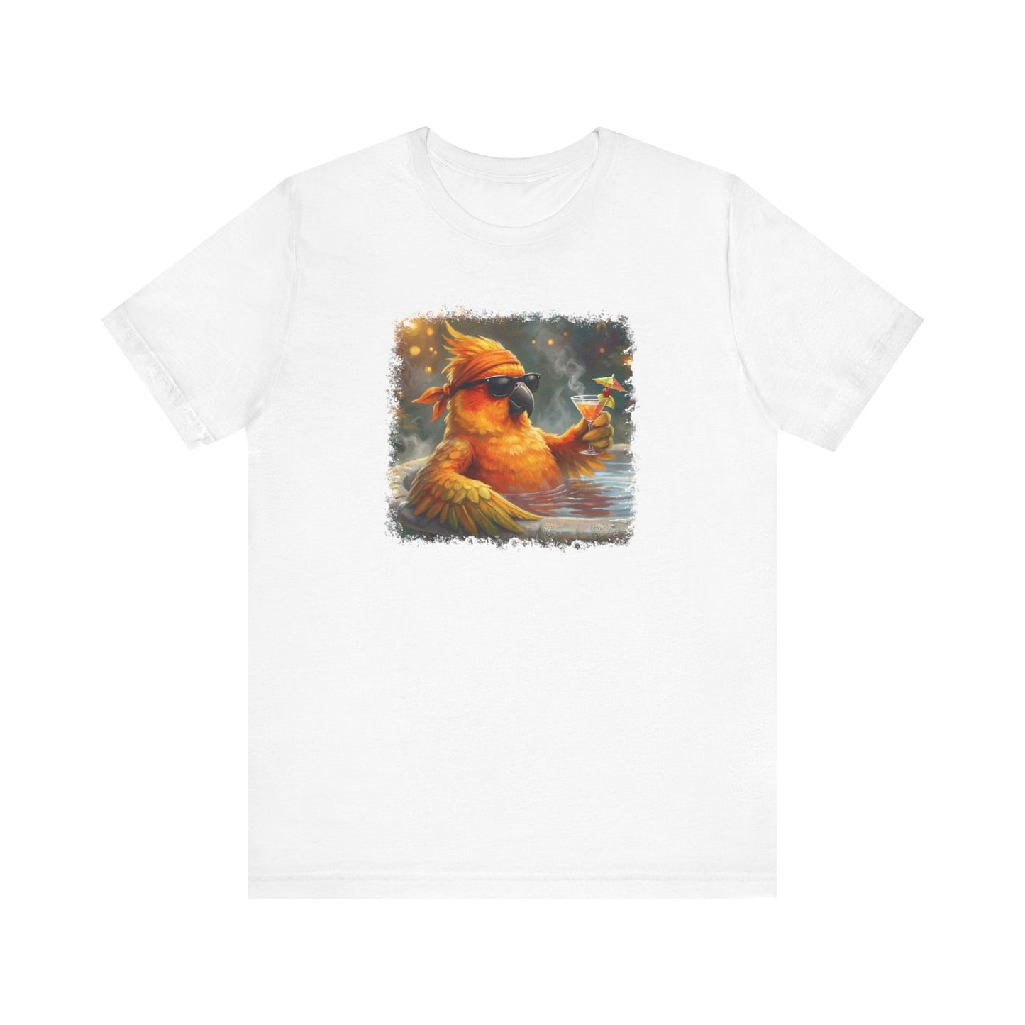 Funny Sun Parakeet T-Shirt | Bird with Sunglasses & Drink | Unisex Summer Tee