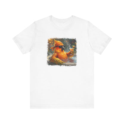 Funny Sun Parakeet T-Shirt | Bird with Sunglasses & Drink | Unisex Summer Tee