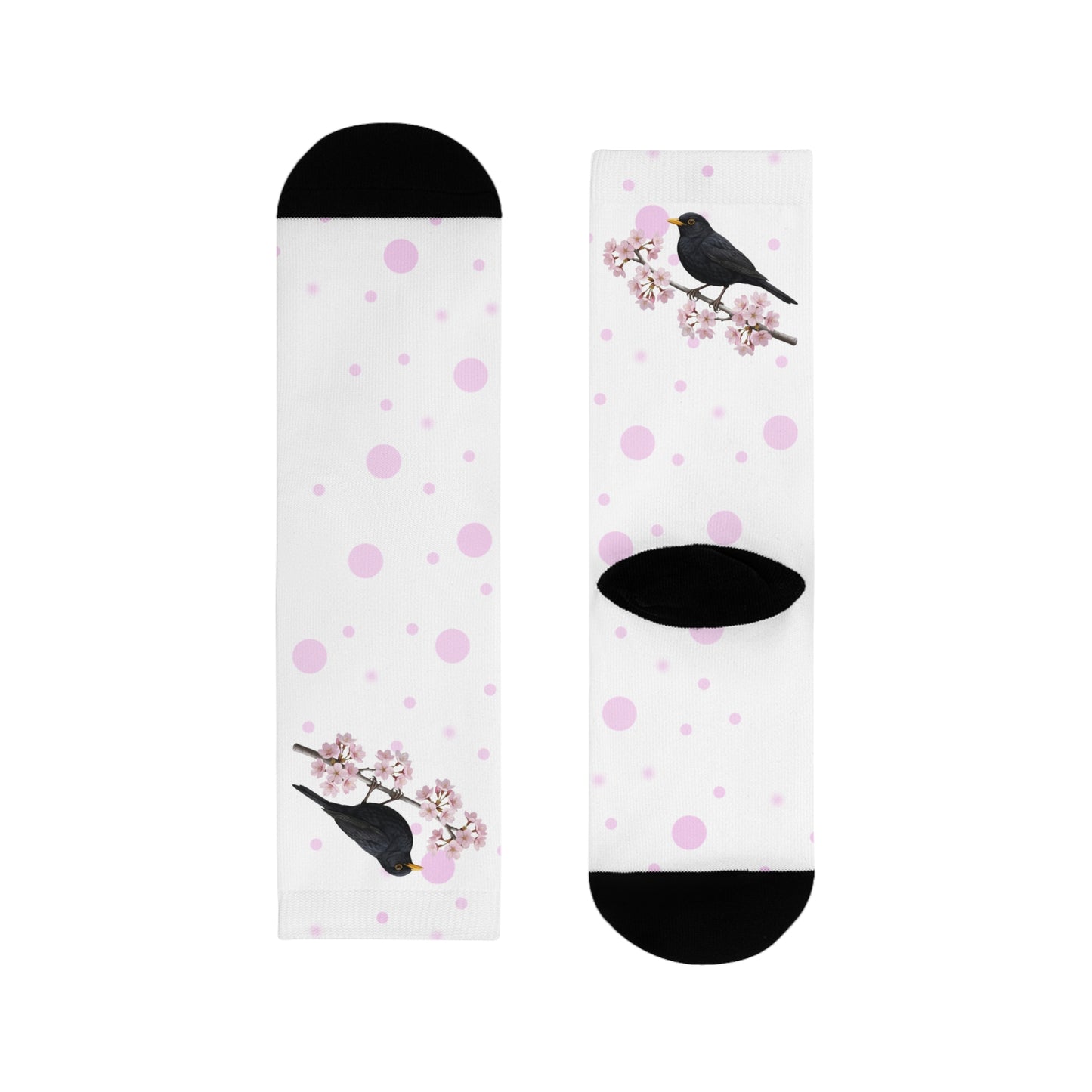 Amsel Socken mit Kirschblüten | Weiß Rosa gepunktete Vogelmotiv Strümpfe