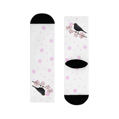 Amsel Socken mit Kirschblüten | Weiß Rosa gepunktete Vogelmotiv Strümpfe