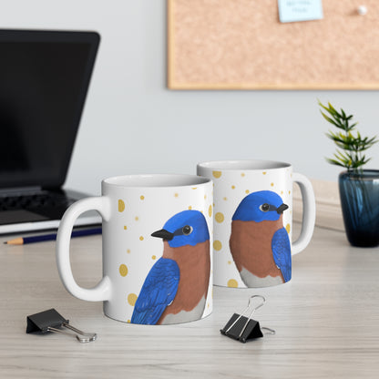 Bluebird Bird Ceramic Mug White Golden Dots 11oz