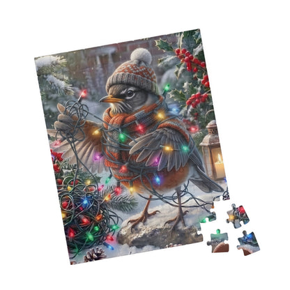 A completed jigsaw puzzle showing a robin wearing a knit hat and scarf, surrounded by colorful string lights, snow, berries, and a lantern, with several loose puzzle pieces shown at the lower right on a white background.
