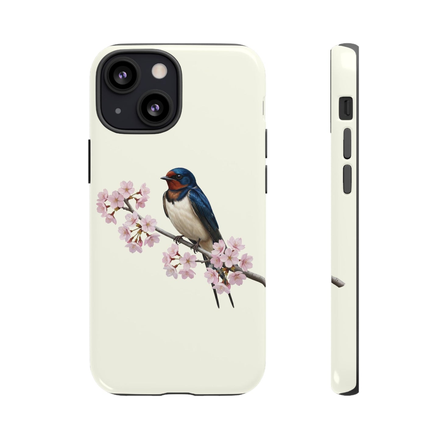 Rauchschwalbe Handyhülle in Cremeweiß | Florales Kirschblüten Vogel-Motiv für iPhone & Google Pixel