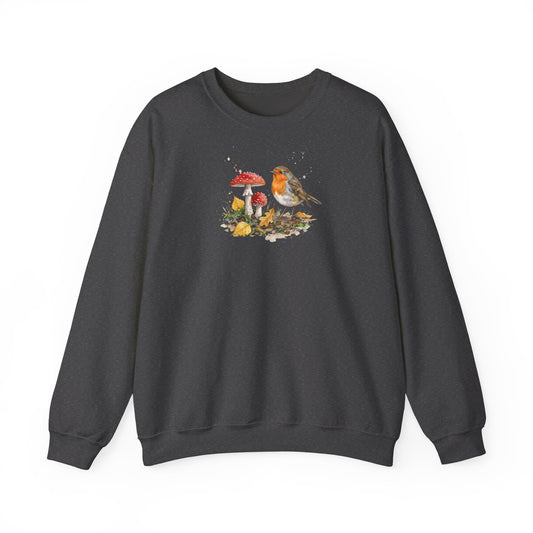 Rotkehlchen Sweatshirt für Damen und Herren mit gemaltem Herbstmotiv aus buntem Herbstlaub und roten Fliegenpilzen – gemütlicher Vogel Pullover