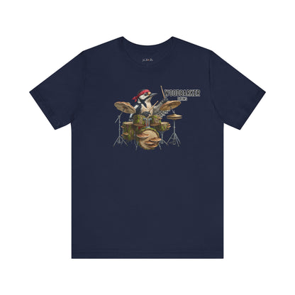 The Woodbarker Graphic Tee – Woodpecker Drummer – Funny Rock Band Bird Shirt