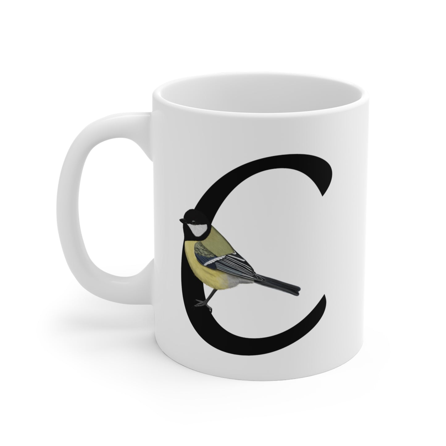 Chickadee Letter C Bird Ceramic Mug 11oz White