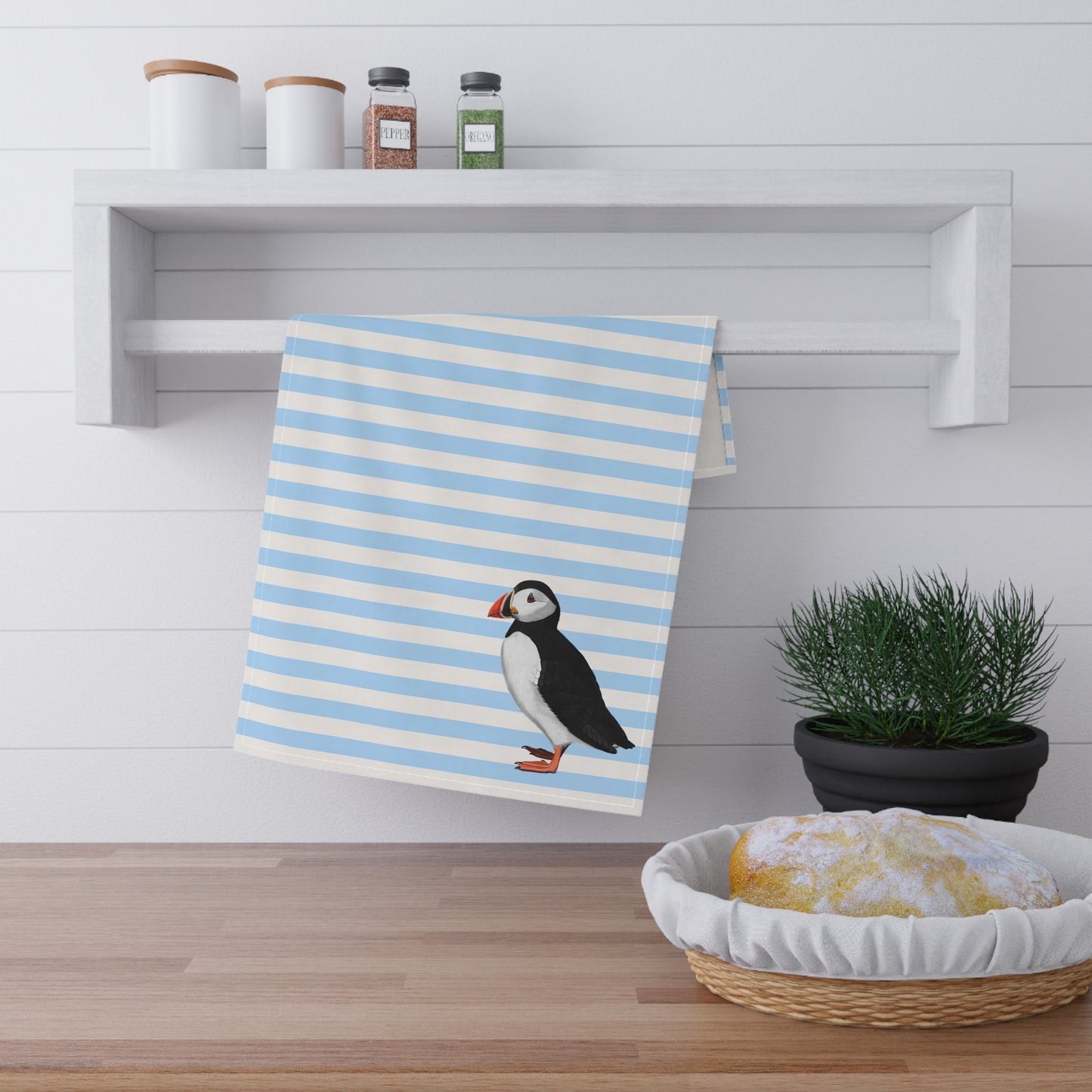 Puffin Bird Art Kitchen Towel Blue White 18" × 30"
