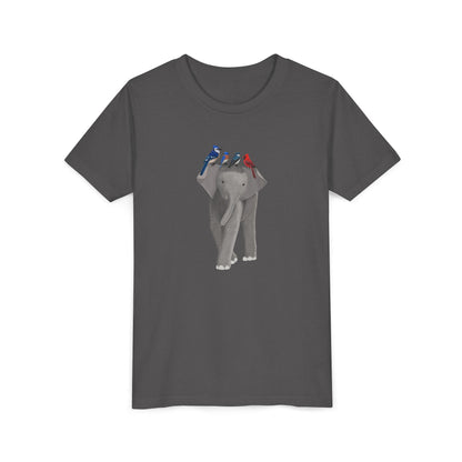 Elephant with Blue Jay Cardinal Bluebird Tree Swallow Bird Youth T-Shirt