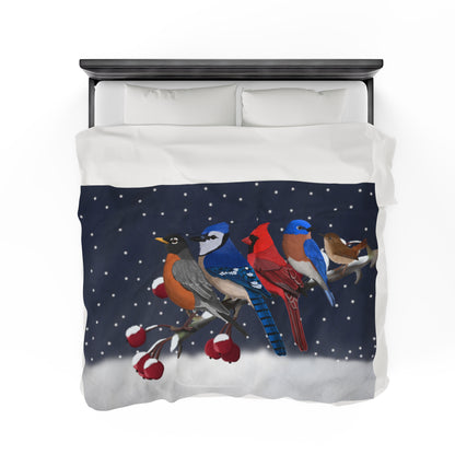 Robin Blue Jay Cardinal Bluebird Wren Bird Christmas Winter Branch Velveteen Plush Blanket