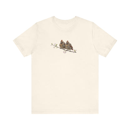 Cardinal Fledgling T-Shirt | Spring Blossoms Unisex Graphic Tee for Bird Watchers