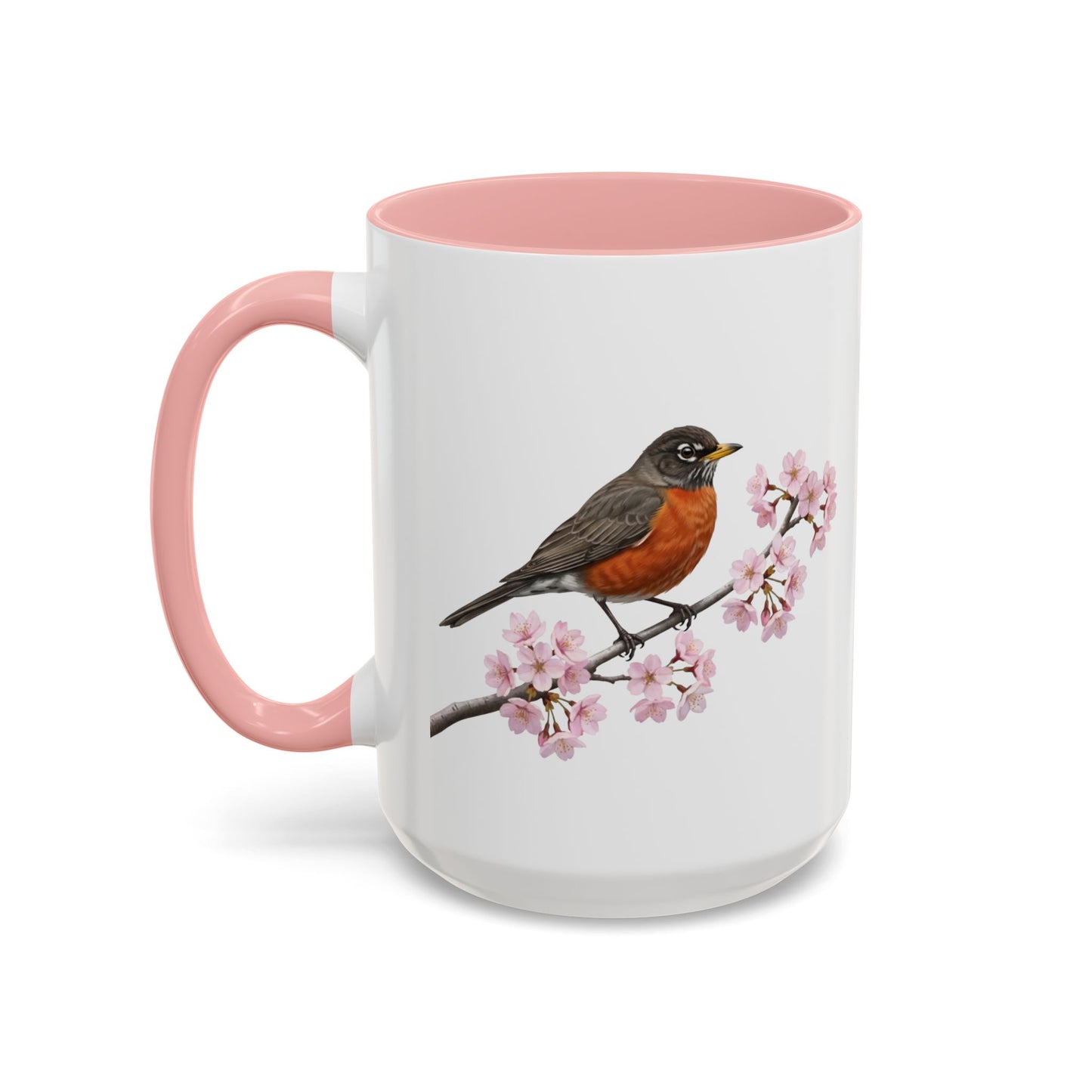 American Robin Cherry Blossom Mug | Pink Ceramic Coffee Cup for Bird Lovers
