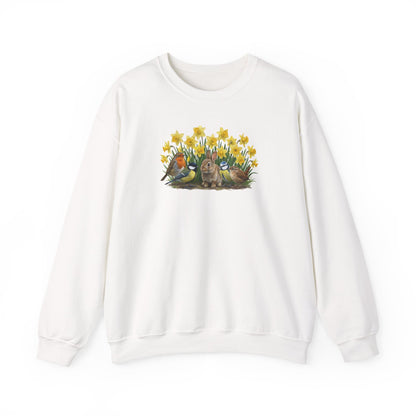 Oster-Sweatshirt Frühlingswiese – Kaninchen & Singvögel in Osterglocken | Unisex Pullover