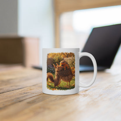 Rotkehlchen & Eichhörnchen Tasse „Rosi“ – Süßer Kaffeebecher mit Umarmung im Garten