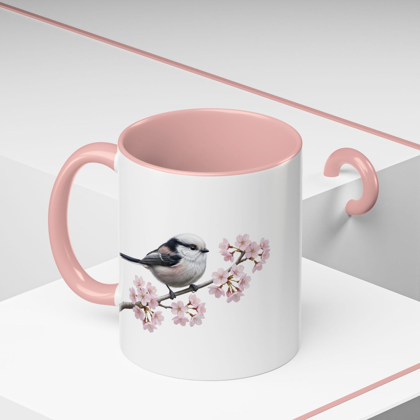 Long Tailed Titmouse Cherry Blossom Mug | Pink Ceramic Coffee Cup for Bird Lovers – 11oz, 15oz
